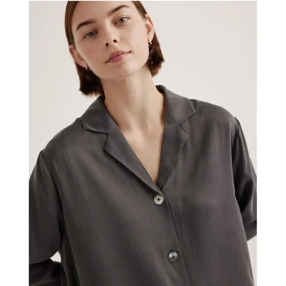 Quince 100% Washable Silk Pajama Long Sleeve Top Charcoal M - Picture 2 of 12